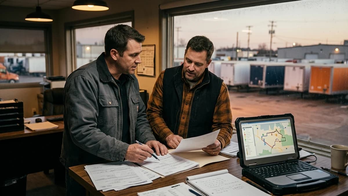 Trucking operations professionals reviewing load documents and route information