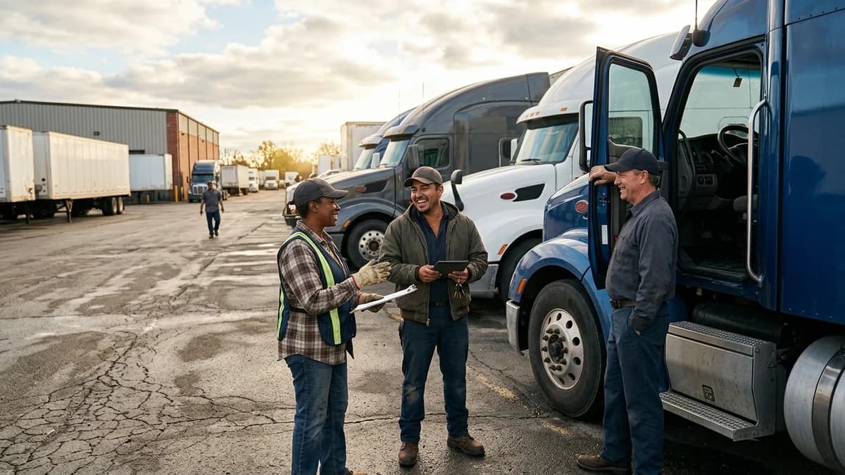 Trucking operations professional reviewing work at a logistics facility