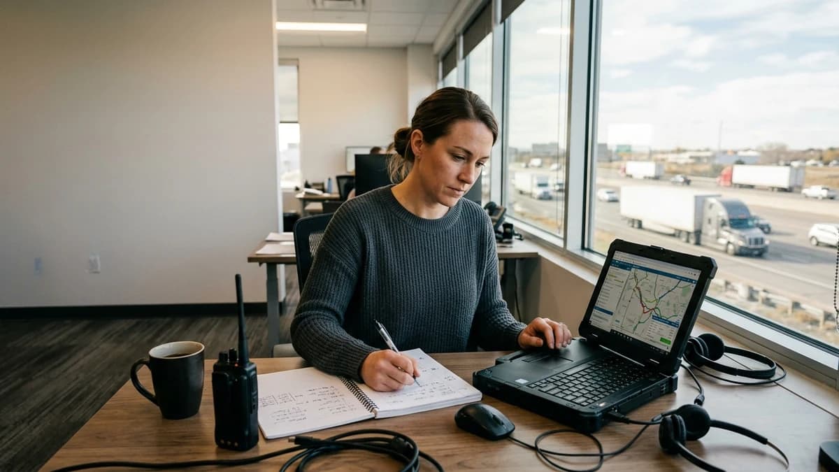 Truck dispatcher reviewing routes at a professional operations desk