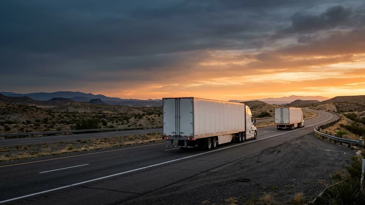 Semi-truck traveling on an open highway at golden hour