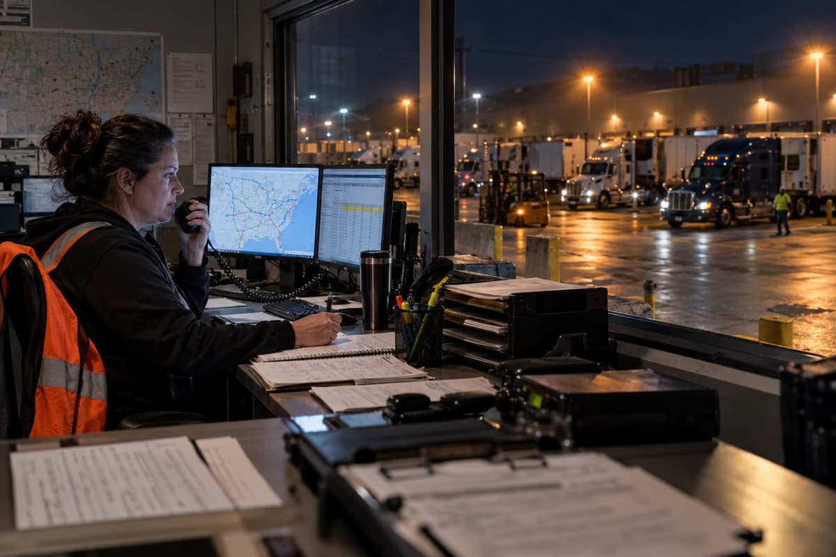 Dispatcher coordinating truck movements at an active freight terminal