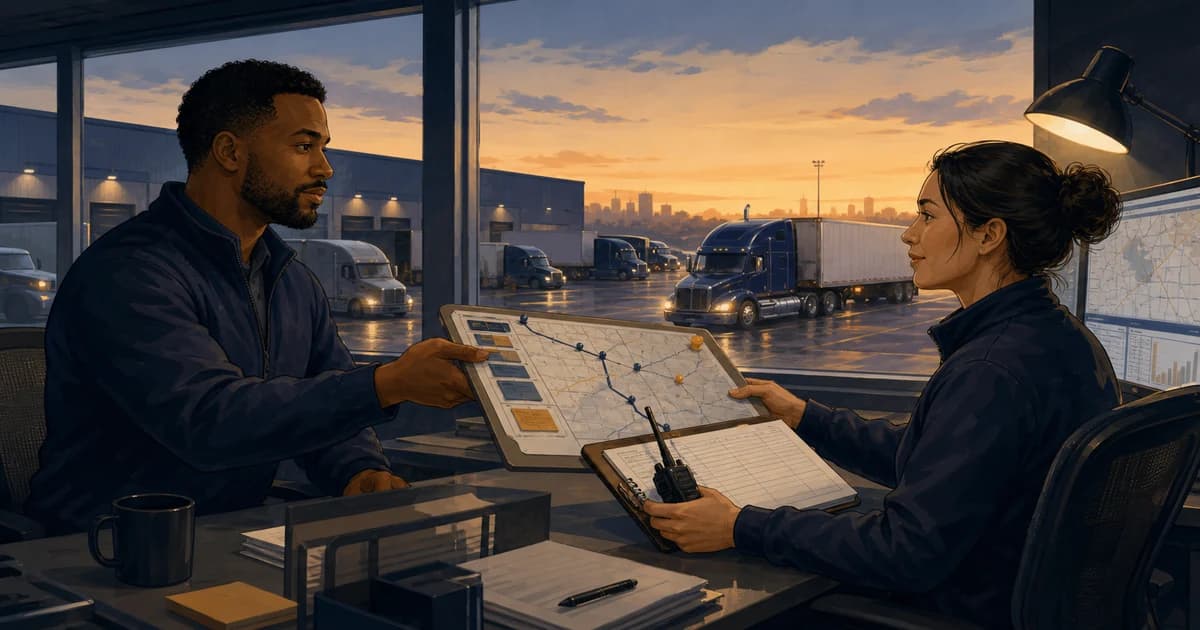 Trucking operations visual for Truck Dispatch Shift Handoffs: Measuring Information Loss Between Operating Windows